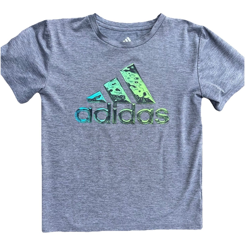 Adidas Boys Grey Heather Graphic Logo Performance T-Shirt Size S 8 Athletic